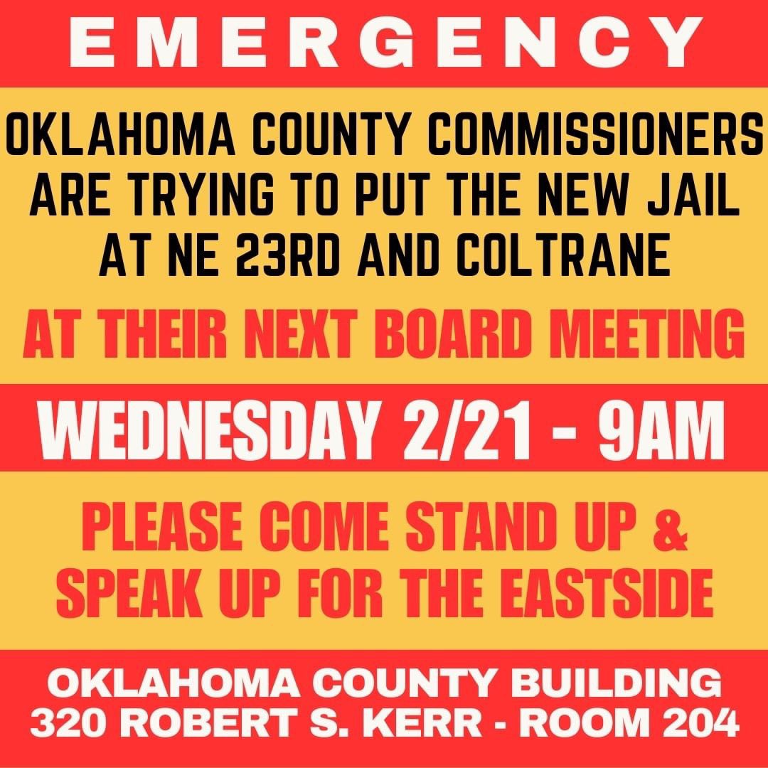 OKC, let’s stand with the Eastside WEDNESDAY morning. Don’t let the jail be pushed on a marginalized community. Be present and voice your concerns! Share and be present!