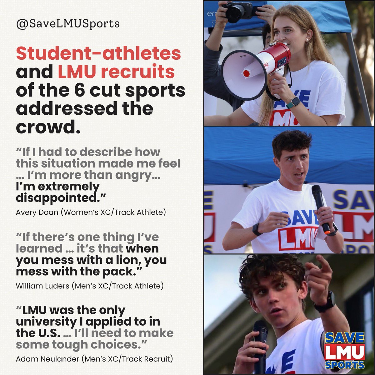 savelmusports's tweet photo. A huge thanks to the roughly 200 fellow demonstrators that marched alongside us on Friday through campus. 

LMU may have blocked some of the news media from entering campus, but they could not stop YOU. Your continued support is critical to our success and shows just how valued these programs that AD Pintens’ unilaterally kicked off the Bluff really are to the LMU community and for all the Olympic sports represented st all NCAA Universities. Let it be known: this march represented not a culmination of our reinstatement efforts, but rather only the beginning. We will not back down, we will not go away, and we will not give in until all six teams are reinstated. Like, share, donate. https://t.co/XDfTFRqSEP
#savelmusports #reinstatethe6 #lmu @LMUPintens @LMUSnyder @LoyolaMarymount @arenaUSA @swimswamnews @ISlideUSARowing @USASwimming @USATrack @itsmarkmoran