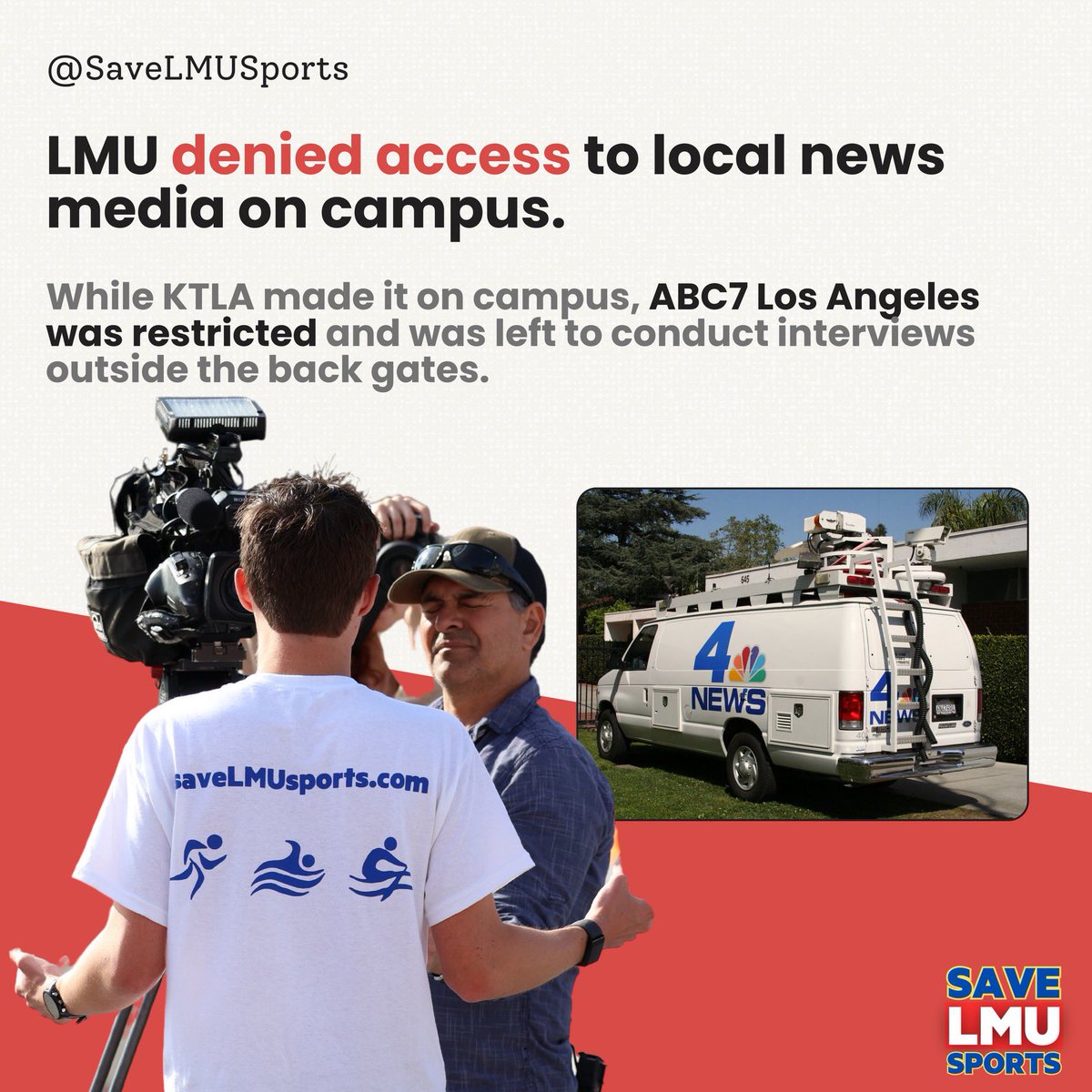 savelmusports's tweet photo. A huge thanks to the roughly 200 fellow demonstrators that marched alongside us on Friday through campus. 

LMU may have blocked some of the news media from entering campus, but they could not stop YOU. Your continued support is critical to our success and shows just how valued these programs that AD Pintens’ unilaterally kicked off the Bluff really are to the LMU community and for all the Olympic sports represented st all NCAA Universities. Let it be known: this march represented not a culmination of our reinstatement efforts, but rather only the beginning. We will not back down, we will not go away, and we will not give in until all six teams are reinstated. Like, share, donate. https://t.co/XDfTFRqSEP
#savelmusports #reinstatethe6 #lmu @LMUPintens @LMUSnyder @LoyolaMarymount @arenaUSA @swimswamnews @ISlideUSARowing @USASwimming @USATrack @itsmarkmoran
