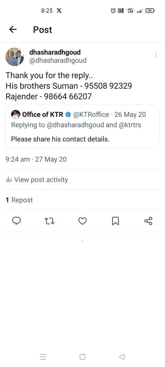dhasharadhgoud's tweet photo. @KTRoffice 
Dear KTR team,
Kindly check whether any amount provided to Dhanunjay Bairagoni (we have requested help on 2020 May) 
Some miss communication is going on here, we are expecting that some amount or check has been given to his brother Suman but he is denying it.. https://t.co/5JvuTEIE2t