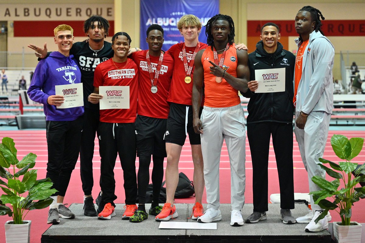UAConference's tweet photo. #WACitf Men’s Long Jump Final
🥇 Cedar English | @SUUTFXC 
🥈 Astley Davis | @SUUTFXC 
🥉 Jedidah Udunna | @UTRGV_TFXC 

English wins the Long Jump with a mark of 7.63 m.

#OneWAC https://t.co/v0MrJPG5mr