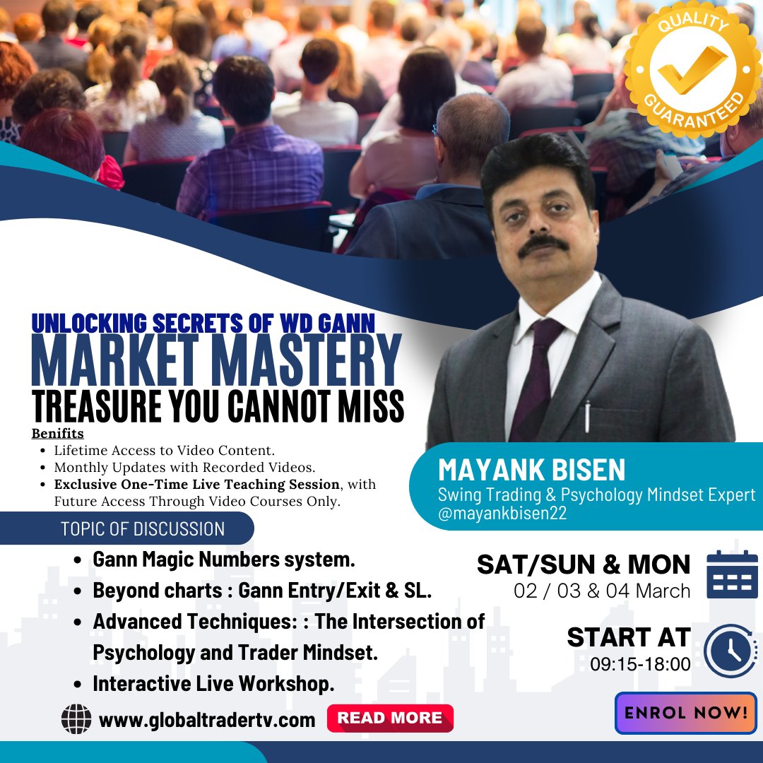 Explore the Gann Magic Numbers and trader psychology with Mayank Bisen. 

Dive into market mastery on Mar 2-4. 

Enroll for the live workshop at globaltradertv.com/courses/unlock…

#TradingMastery #GannSystem #MarketPsychology
#StocksInFocus #SwingTrading #GIFTNIFTY #Nifty #banknifty