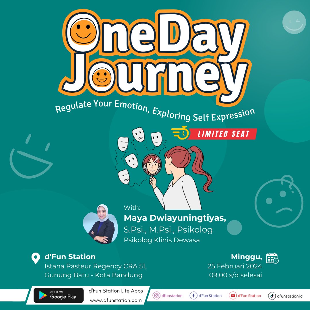 dfunstation's tweet photo. Seharian Bareng Psikolog, Emang Bisa?

[One Day Journey: Regulate Your Emotion, Exploring Self Expression]
Kegiatan pelatihan regulasi emosi ini hadir  untuk kamu mengenal, mengekspresikan, dan melepaskan emosi.  
Informasi selengkapnya: WA ke 0859-5600-0087
#psikologbandung https://t.co/2jxLx9XIOG
