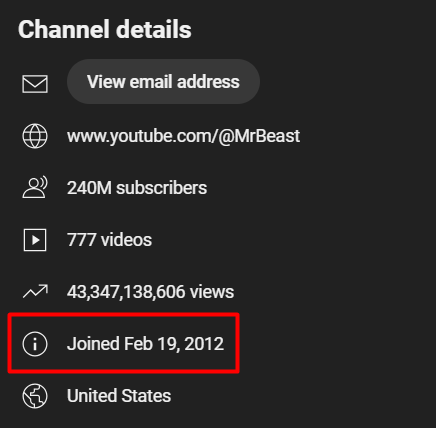 MrBeast_Stats's tweet photo. It's been 12 years since MrBeast's main channel was created on YouTube! 🥳

Over these 12 years, the channel has amounted to more than 240M+ subscribers and 43B+ channel views. Below is a thread with some more details...
(1/3) 🧵 https://t.co/4tHgAEP0Td