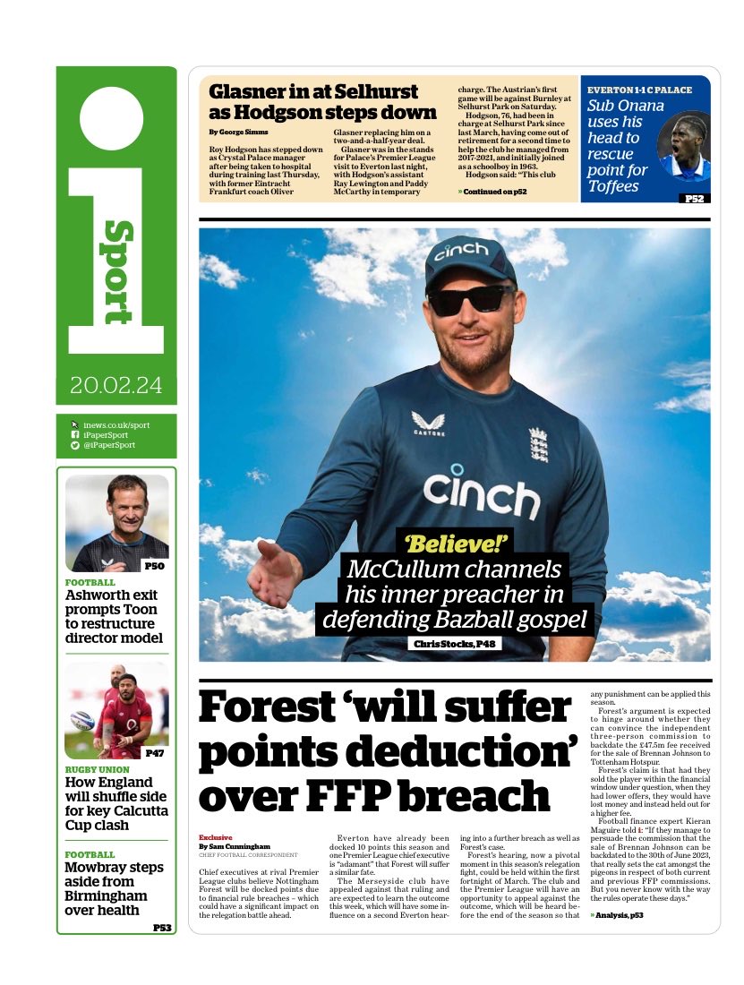 Tuesday’s i Sport: “Forest ‘will suffer points deduction’ over FFP breach” #TomorrowsPapersToday