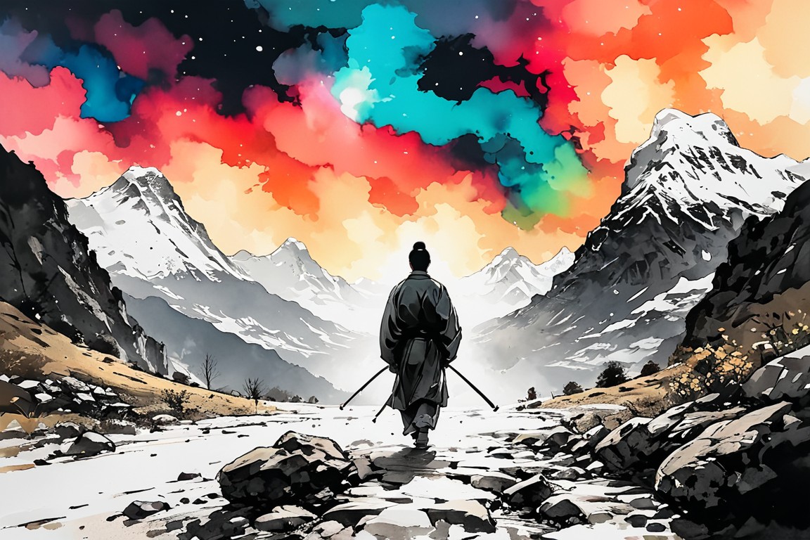 #SamuraiJourney #VibrantSkies #MountainSolitude #ArtisticWanderer #EpicLandscape #ColorfulAdventure #DigitalWatercolor #MysticalSunset #TranquilDawn #PathOfReflection