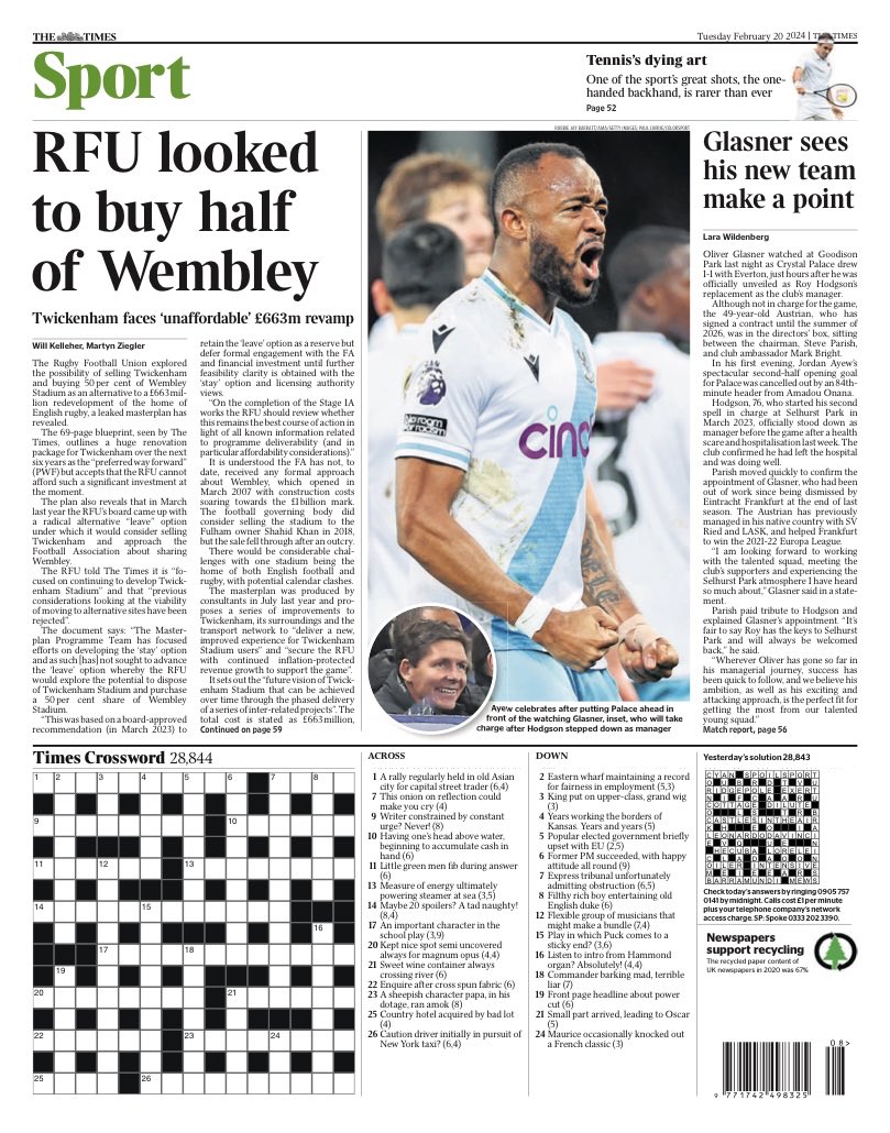 Tuesday’s TIMES Sport: “RFU looked to buy half of Wembley” #TomorrowsPapersToday