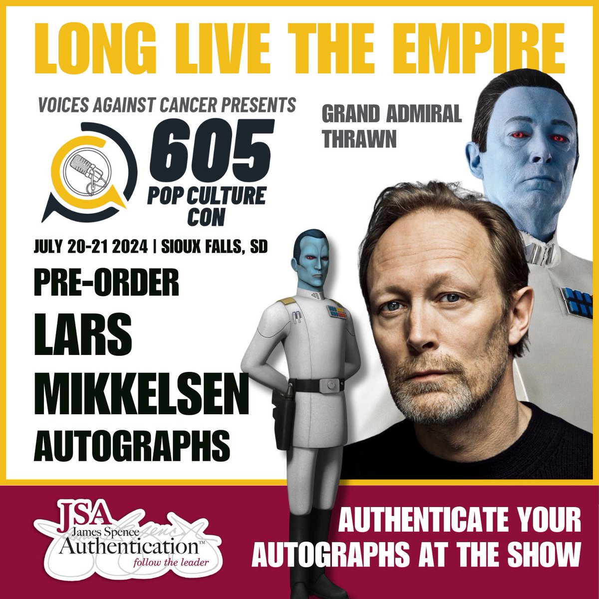 Get ahead of those rebel scum and purchase your Lars Mikkelsen autographs before @voicesvscancer #605popculturecon (July 20-21 2024) begins!

Visit bit.ly/VAC-Autographs to pre-order now!

Authenticate autographs obtained at the show with JSA for just $10/signature. This