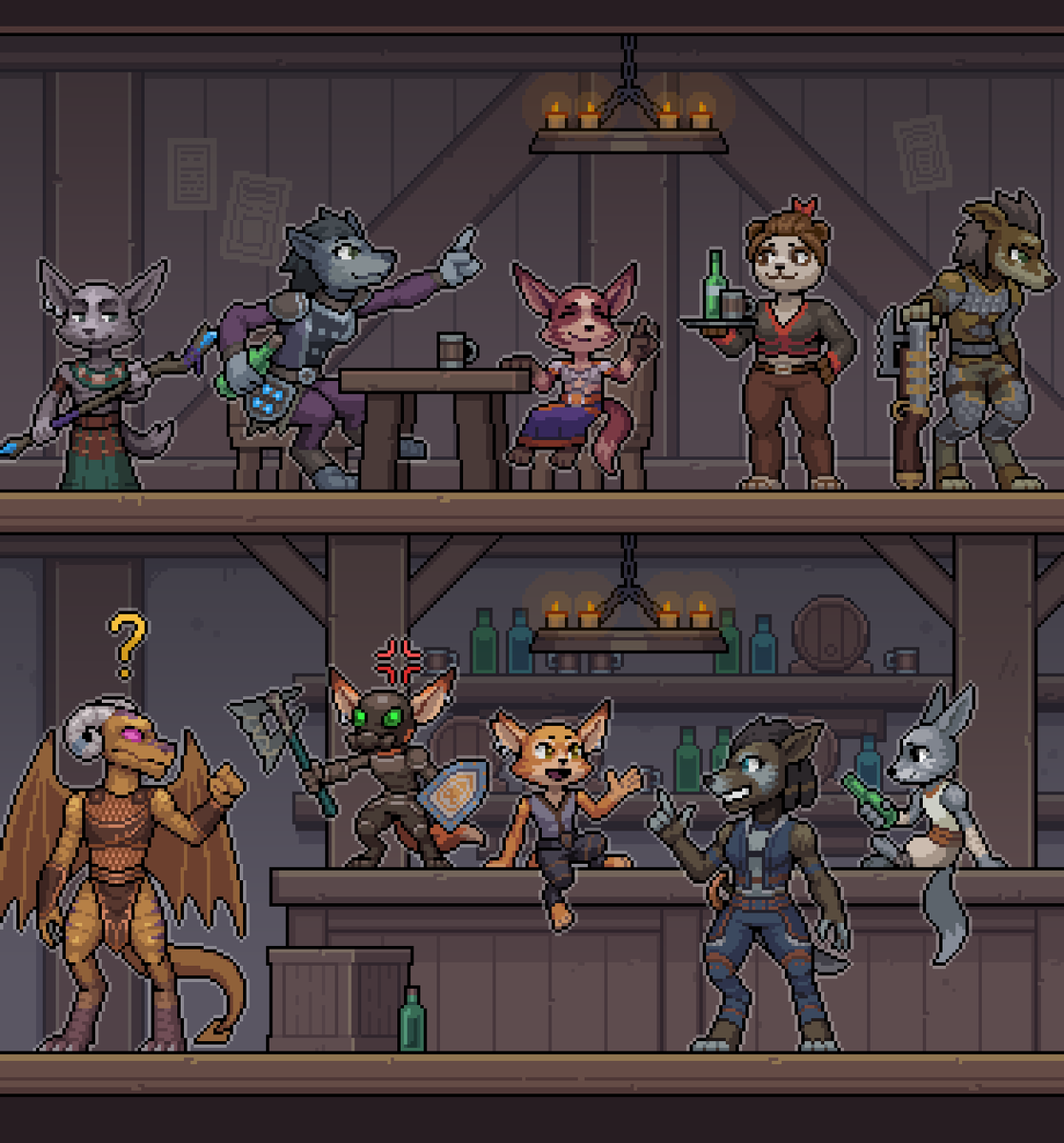 Eliati12's tweet photo. Juste some people, having drinks in a nice tavern between two intenses adventures !

Art by @dragumagu 

It's been a long time i've wanted a pic with all my main characters in it. Thanks to him, this dream is real ! https://t.co/1lZzcCfeDY