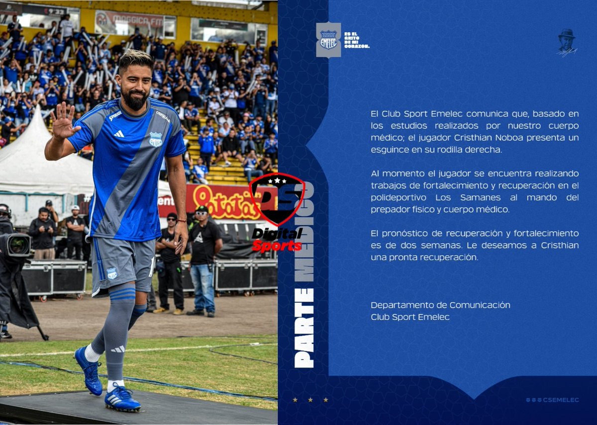 ⚠️🔵⚡ ¡Noboa baja en el Bombillo! 😬

Cristhian Noboa presenta un esguince en la rodilla derecha. Se estima que el periodo de recuperación sea de 2 semanas, así lo conformó <a href="/CSEmelec/">Club Sport Emelec</a> en sus redes.

Foto: <a href="/JoseCarlosVasq/">José Carlos Vásquez</a>