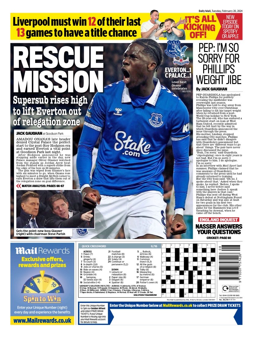 Tuesday’s MAIL Sport: “Rescue Mission” #TomorrowsPapersToday