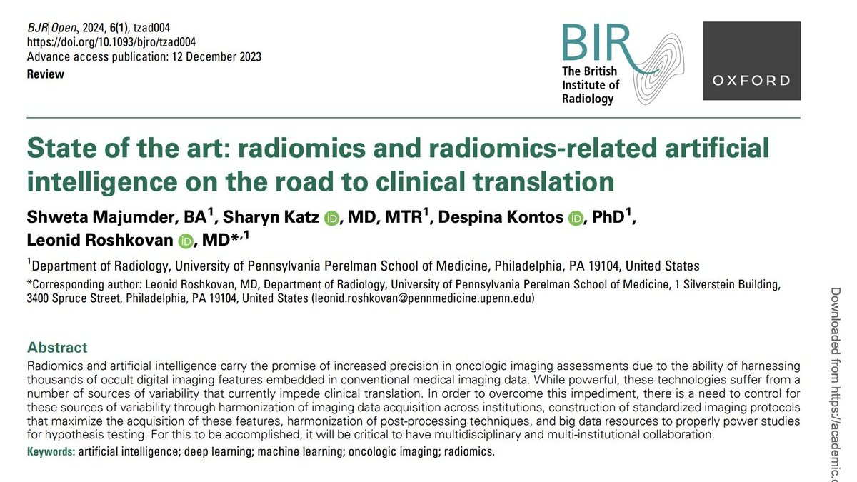 Excited to share my review paper on #clinicaltranslation of #radiomics published on @BJR_Radiology ncbi.nlm.nih.gov/pmc/articles/P…. We review the current landscape of radiomics, along with its utilization of #AI, #ML/#DL, and the barriers to and tools needed for clinical use.