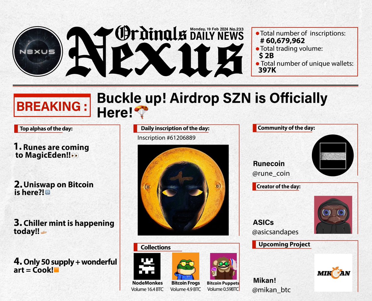 Nexus_Epoch's tweet image. 𝐁𝐑𝐄𝐀𝐊𝐈𝐍𝐆: Airdrop SZN is Officially Here!🪂

• The next big thing on @MagicEden 🪄 

• @MotoswapBTC is just around the corner 🔁

• Chiller mint is live now 🫴🏼

• Free mint Square’s are coming soon 🟧

Here is your 1 minute recap of #Ordinals space to be ahead of the…