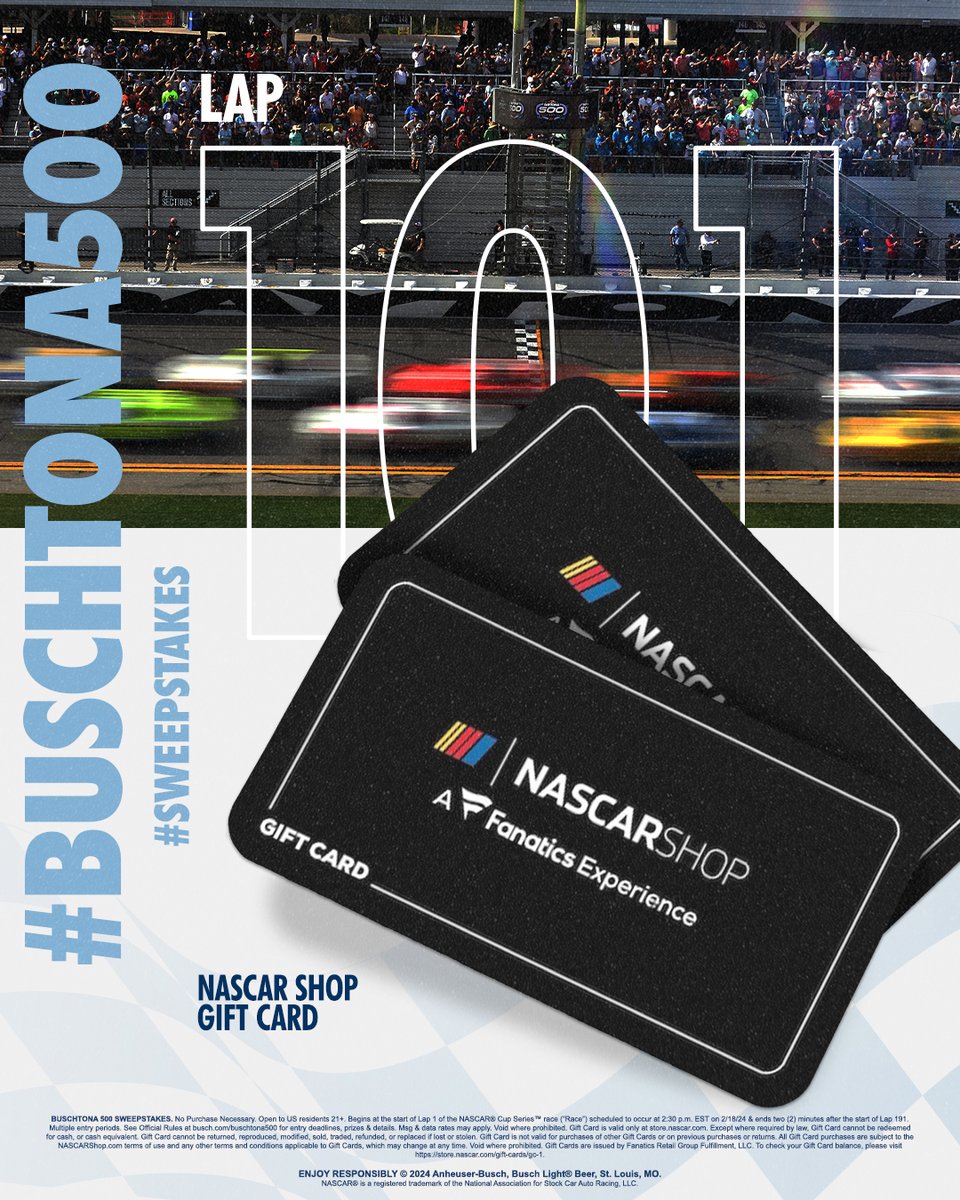 Busch Beer (@buschbeer) on Twitter photo More $50 NASCAR shop gift cards up for grabs so you can rock <a href="/RossChastain/">Ross Chastain</a> merch all season long!
Lap 101 is starting, reply NOW using #Buschtona500 #Sweepstakes for a chance to win!
#Daytona500 @fanatics More $50 NASCAR shop gift cards up for grabs so you can rock <a href="/RossChastain/">Ross Chastain</a> merch all season long!
Lap 101 is starting, reply NOW using #Buschtona500 #Sweepstakes for a chance to win!
#Daytona500 @fanatics