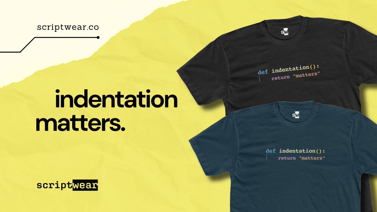scriptwearco's tweet image. 🔥 Attention all coders! Presenting the ultimate tee for developers who know that #IndentationMatters. Perfect for day-to-day development, casual wear, or making an impression at the next tech meetup. Visit scriptwear.co !

#ProudProgrammer #IndentationMatters #Tech
