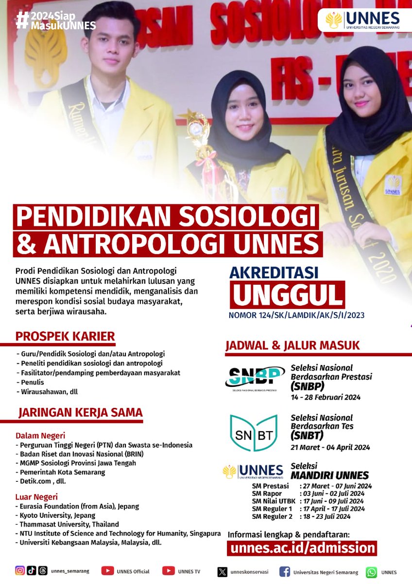 unneskonservasi's tweet photo. Mempelajari sosiologi dan antropologi membuat kita tahu kompleksitas masyarakat dan nilai-nilainya.
Yuk, gabung di Prodi Sosiologi dan Antropologi UNNES.
Pilih UNNES saat pendaftaran SNBP 2024 ya.
#unnes #snbp #sosan #snbp2024 https://t.co/QAOah1yDox