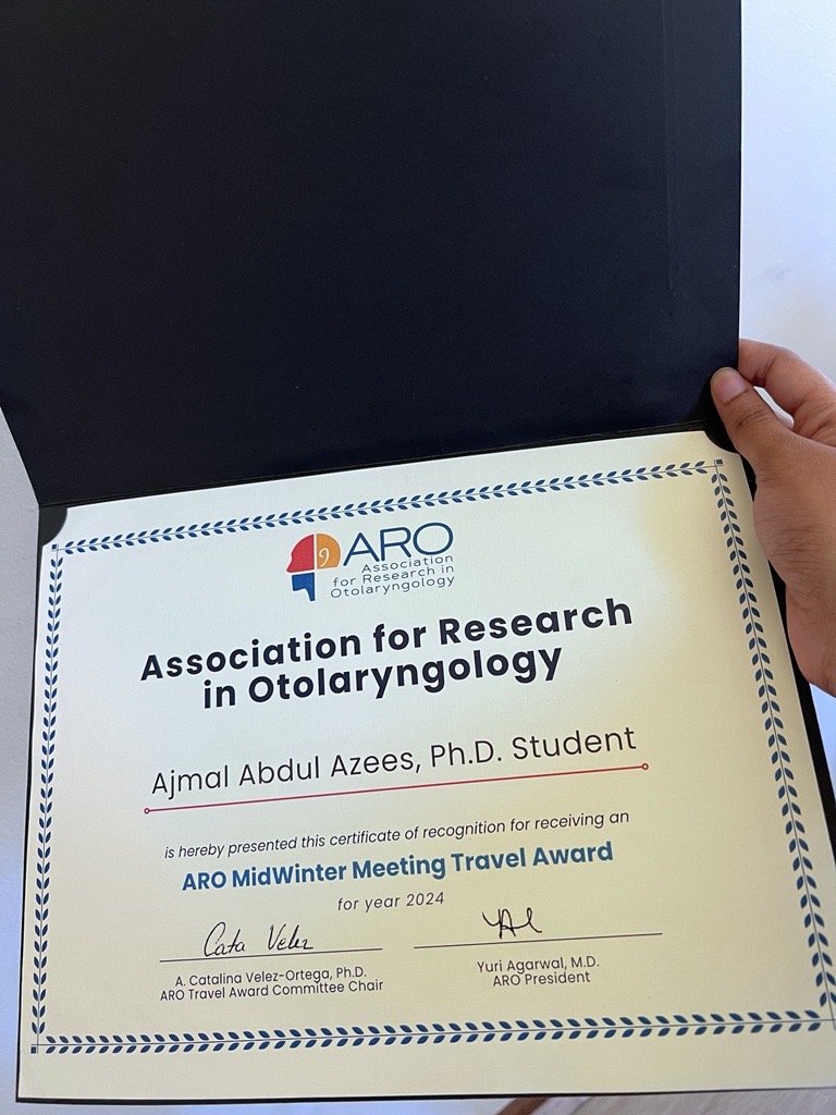 AzeesAjmal's tweet photo. 🚀Exciting Update! Presented our work on "Combined Optogenetic &amp; Electrical Stimulation for  Spatially and Temporally Precise Stimulation of Cochlear Neurons" at the 47th ARO Mid-Winter Meeting 2024 in Anaheim, USA. Thanks @AROMWM for the travel grant! 🌍#ARO2024 #CochlearImplant https://t.co/adWRMNSDIT