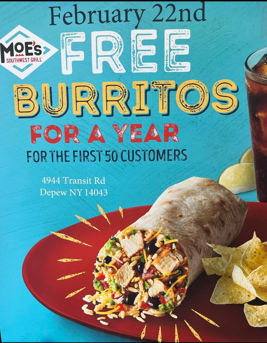 Welcome to MOES!!  Come see our remodel at 4944 Transit rd. First 50 customers on Thursday get FBFAY 🌯
