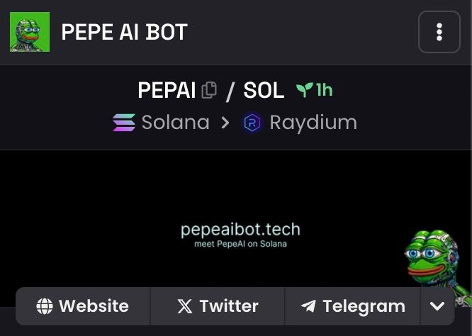 pepeAIbot_sol's tweet photo. Pepe AI Bot | Dexscreener has been updated.

Trade $PEPAI on @dexscreener:   

https://t.co/PAECjcYPs1

Telegram: https://t.co/13MoyZ2Oh0
Ask Pepe AI: https://t.co/Eh7nvbdPRi https://t.co/d9xLikDjIV