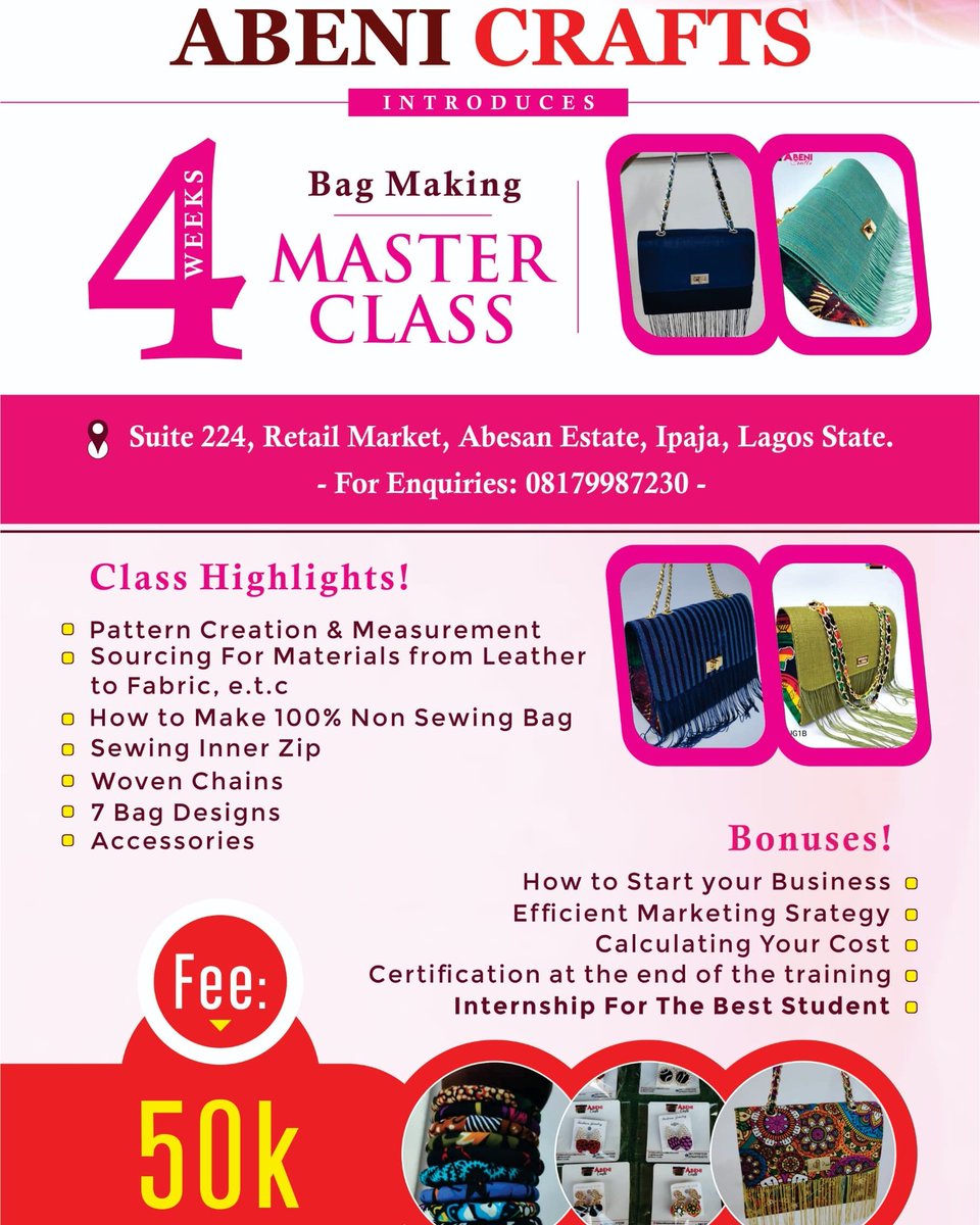 damilola12's tweet photo. So Happy .... Guess what guys, @Abenicrafts has decided to train you guys on bag making at am affordable price. Instead of the normal training fee of N100,000, we will be taking you for N50,000, isn't that great
 for learning! 💃💃💃
Read more in the comment session https://t.co/yIzxnim5vb