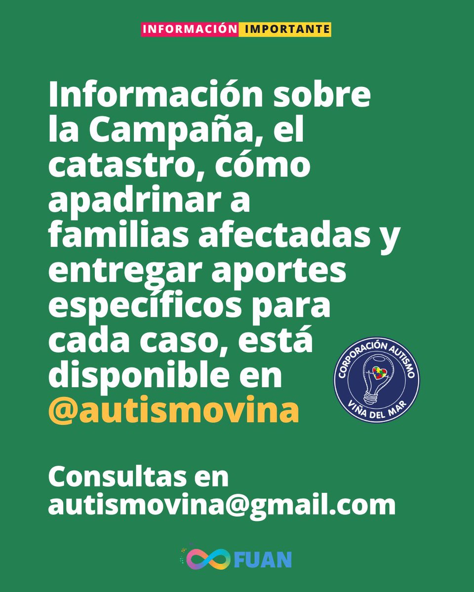 FuanFundacion's tweet photo. ♾️🌈 Continúa campaña de apoyo a personas autistas siniestradas en el mega incendio.
✅ Se trata de iniciativa liderada por @AutismoVina con el apoyo de @fenaut , FUAN y de decenas de organizaciones. Mas info ➡️ https://t.co/1vgfEqgg70 #TodxsDiferentesTodxsValiosxs https://t.co/NHZZ0Qzkg6