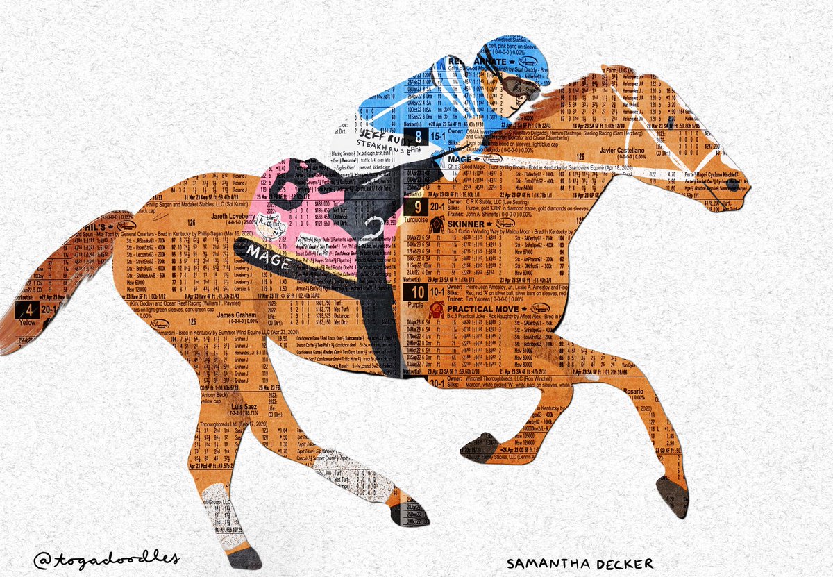 Mage winning the @kentuckyderby overlaid with a program, made to look like paper cut art