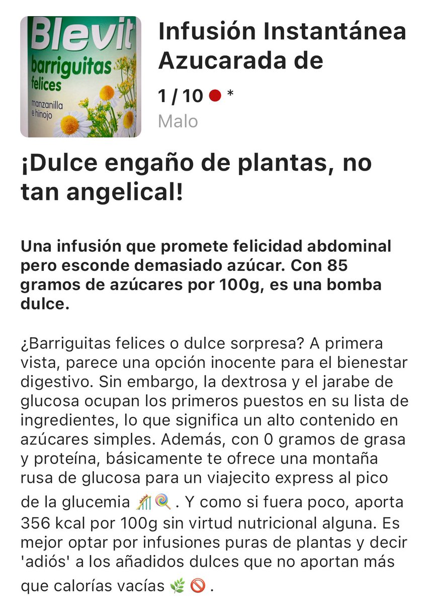 El 85% de Blevit “Barriguitas felices” es azúcar. 

Análisis de la app CarmenAi.org