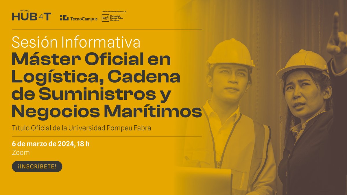 JesusEMartinezM's tweet photo. Sesión informativa Online 🗣️ del máster en #Logística, #CadenadeSuministros y #NegociosMarítimos de @HUB4TecnoCampus @TecnoCampus (título oficial @upfbarcelona)
🤩 ¡Especialízate en la estrategia y la dirección de este sector!
🗓️ 6/03 🕓 18 h (CET) ⬇️
https://t.co/UsI0ALIXyI https://t.co/a0dHQeaeOQ