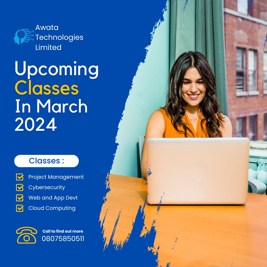 omobanjaye's tweet photo. At Awata Technologies Limited, we have courses outlined for the Month of March. Don't sit on the fence, gain competitive skill by upskilling yourself in.
-Project Management
-Cybersecurity
-Web and Application Development
-Cloud Computing
Call 08075850511 and message 0814992 2290 https://t.co/qQUs24kFti