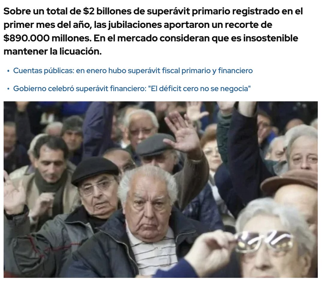 Casi la mitad del superávit fiscal de @TotoCaputoAR es por licuar jubilaciones. Es gracias a q tu vieja, tu abuelo, tu tía no lleguen a fin de mes. No les alcance para los remedios. No puedan pagar el cable. Les tengas que ayudar para que lleguen. Así de cruel. Así de injusto