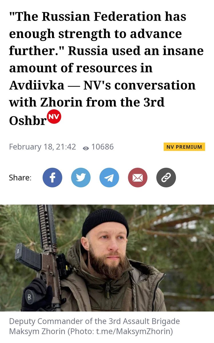 'The Russian Federation has enough strength to advance further.' Russia used an insane amount of resources in Avdiivka — NV's conversation with Zhorin from the 3rd Assault Brigade - New Voice Ukraine 

If someone would like to know why we should #ArmUkraineASAP ! Read this.
