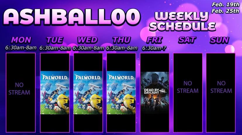 The week ahead 🫶🏼☺️ 

Purple app: ashball00
Green app: ashball00
<a href="/PlatSquad/">Platinum Squad</a> <a href="/WeHyrule/">We HyRule🏰</a> <a href="/BurnerBrigade/">BurnerBrigade🔥</a> #firepitcrew @DeadByBHVR #palworld #wearpair @TheOodie #momstreamer