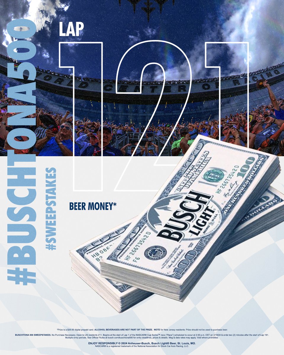Lap 121 is here, and so is some money for beer 💰​

Reply NOW with #Buschtona500 #Sweepstakes for a chance to win!​ #Daytona500