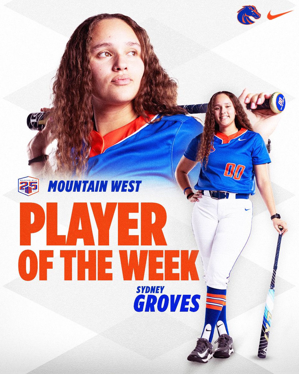 HOME GROWN 𝙋𝙊𝙒𝙀𝙍 💪 The Meridian, Idaho native, @grovesyy00 is your @MountainWest Player of the Week! Sydney went 6/11 with 3️⃣ HR and 1️⃣2️⃣ RBI, including tying a @BroncoSportsSB record with 8️⃣ RBI in a single game! 😳 #BleedBlue | #WhatsNext