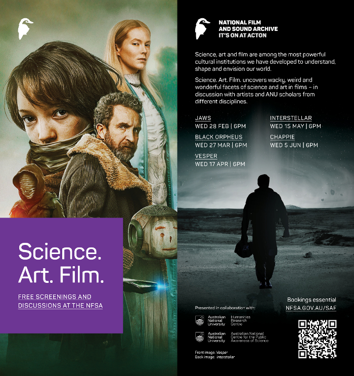 'Science. Art. Film.' is back with a spectacular flyer and super cool program! Register now (free!) for the first film next week in the Arc Cinema: JAWS, 28 Feb, 6pm tickets.nfsa.gov.au/.../SCIENCE-AR… #canberraevents #popculture #ScienceAndTechnology #sciencecommunication #SciComm #jaws