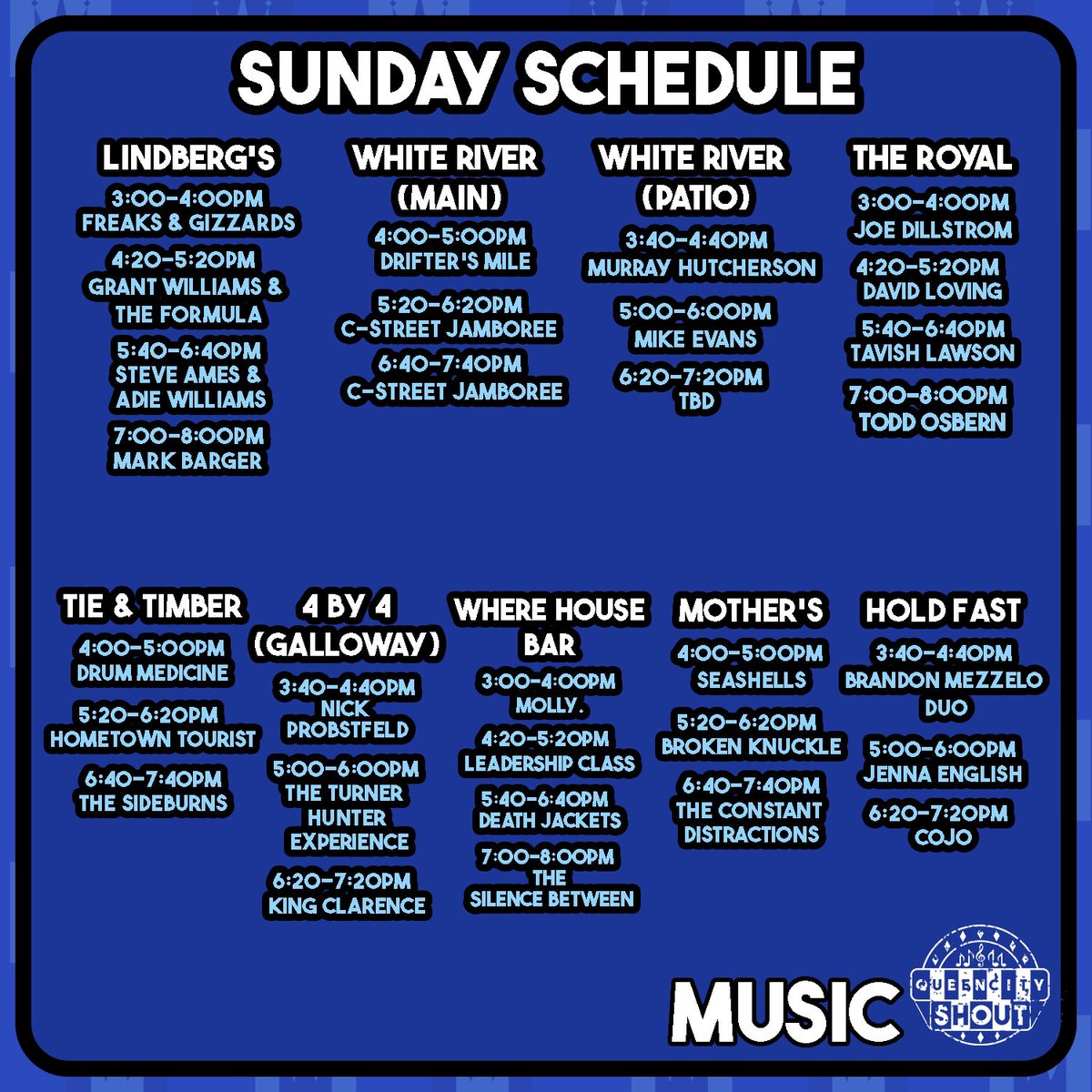 The music schedule is public!
Make your plans 3/18-24 in SGF MO
It’s the Queen City Shout Festival
queencityshout.com