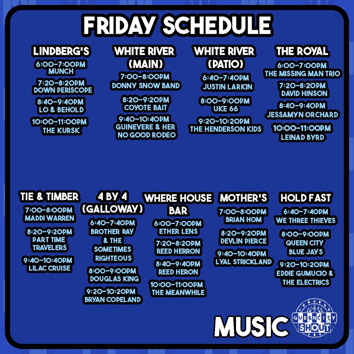 queencityshout's tweet photo. The music schedule is public!
Make your plans 3/18-24 in SGF MO
It’s the Queen City Shout Festival
https://t.co/QkPQBHuRXH https://t.co/BjwPfdOZm1