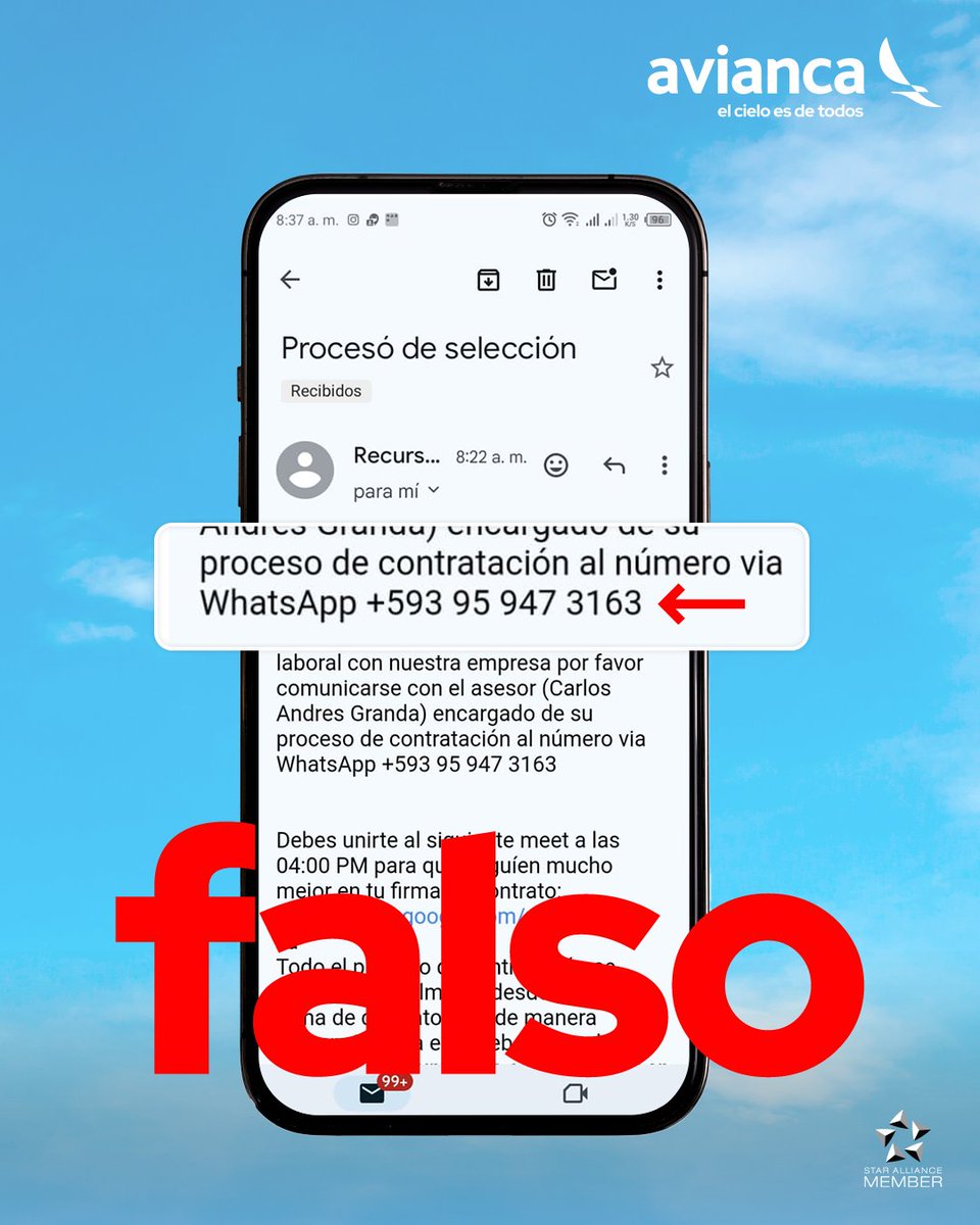 aviancasam's tweet photo. ¡#FALSO! 🚨
#Ecuador: Evita caer en engaños de correos fraudulentos que suplantan la imagen de la empresa por mensajes electrónicos. Estamos enfrentando intentos de robo de datos personales mediante solicitudes falsas de empleo. Protege tus datos y comparte este mensaje: https://t.co/ylDhGxqymf.
#ProtegeTusDatos