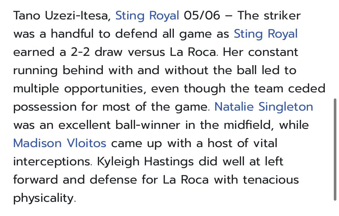 Thank you so much <a href="/TopDrawerSoccer/">TopDrawerSoccer</a> for the shoutout and thank you to all the coaches that came out to watch my team play this weekend‼️
<a href="/StngRoyal06ECNL/">Sting Royal 07/06G ECNL</a> <a href="/StingSoccerClub/">Sting Soccer Club</a> <a href="/ImYouthSoccer/">ECNL/GA/Recruiting/College Soccer</a> <a href="/ImCollegeSoccer/">College Soccer Truth ™</a> <a href="/ECNLgirls/">ECNL Girls</a> <a href="/RockyMonk8/">Rocky Monk</a>