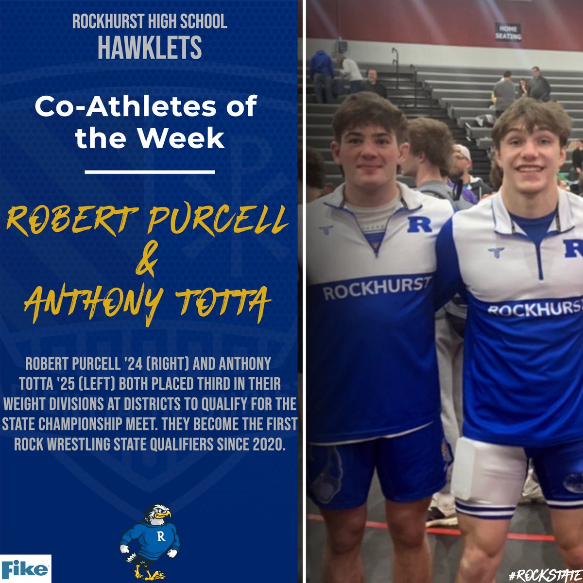 GoHawklets's tweet photo. Congrats to Robert Purcell '24 &amp; Anthony Totta '25 for being selected as our @FikeCorporation Week 12 Co-Athletes of the Week! They became Rock Wrestling's first State qualifiers since 2020; both went 3-1 and placed 3rd at Districts to advance to Columbia. Way to go - Rock State! https://t.co/GH0z9L4Ynj