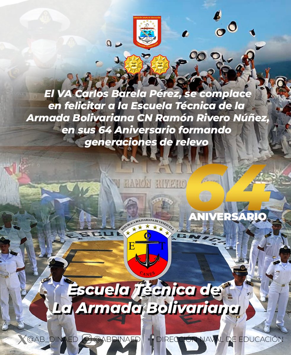 El VA Carlos Barela Pérez , <a href="/AB_DINAED/">DIRECCIÓN NAVAL DE EDUCACIÓN</a>, y su tripulación se complacen en felicitar a la Escuela Técnica de la Armada Bolivariana "CN Ramón Rivero Núñez"  en su 64° Aniversario formando generaciones de relevo. ¡Bravo Zulú!

<a href="/ArmadaFANBVzla/">Armada_ve</a> 
<a href="/AB_CANES_1948/">CN. Felipe S Esteves</a> 
<a href="/AB_etarb_RRN/">Escuela Técnica de la Armada CN Ramón Rivero Núñez</a>