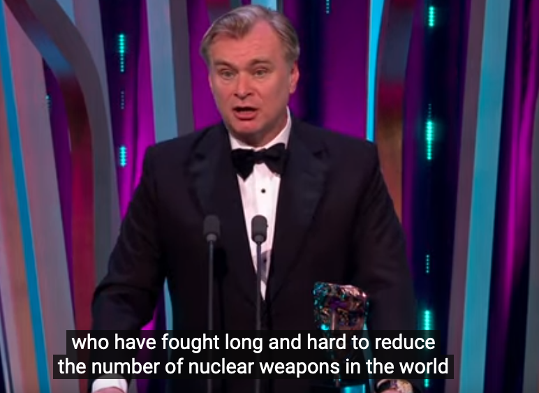 'They show the necessity and the potential of efforts for peace...' Christopher Nolan giving a shout out to nuclear disarmament activists worldwide during his Best Director BAFTA award acceptance speech for @OppenheimerFilm last night. Cheers, Christopher. 💪 #nuclearban