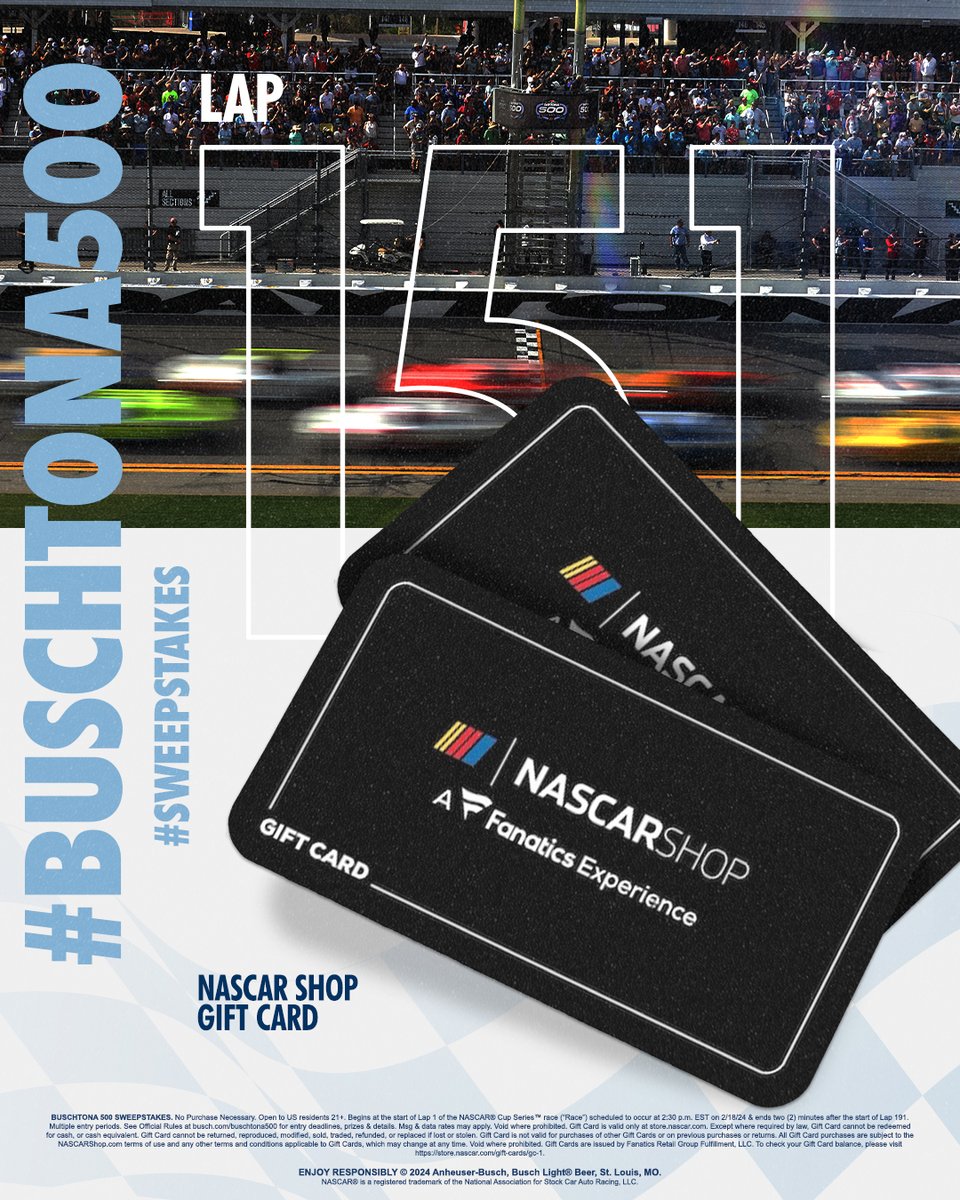Another lap that ends in 1 calls for more NASCAR shop @fanatics gift cards!​

Reply RIGHT NOW with #Buschtona500 #Sweepstakes for a chance to win a $50 gift card! #Daytona500
