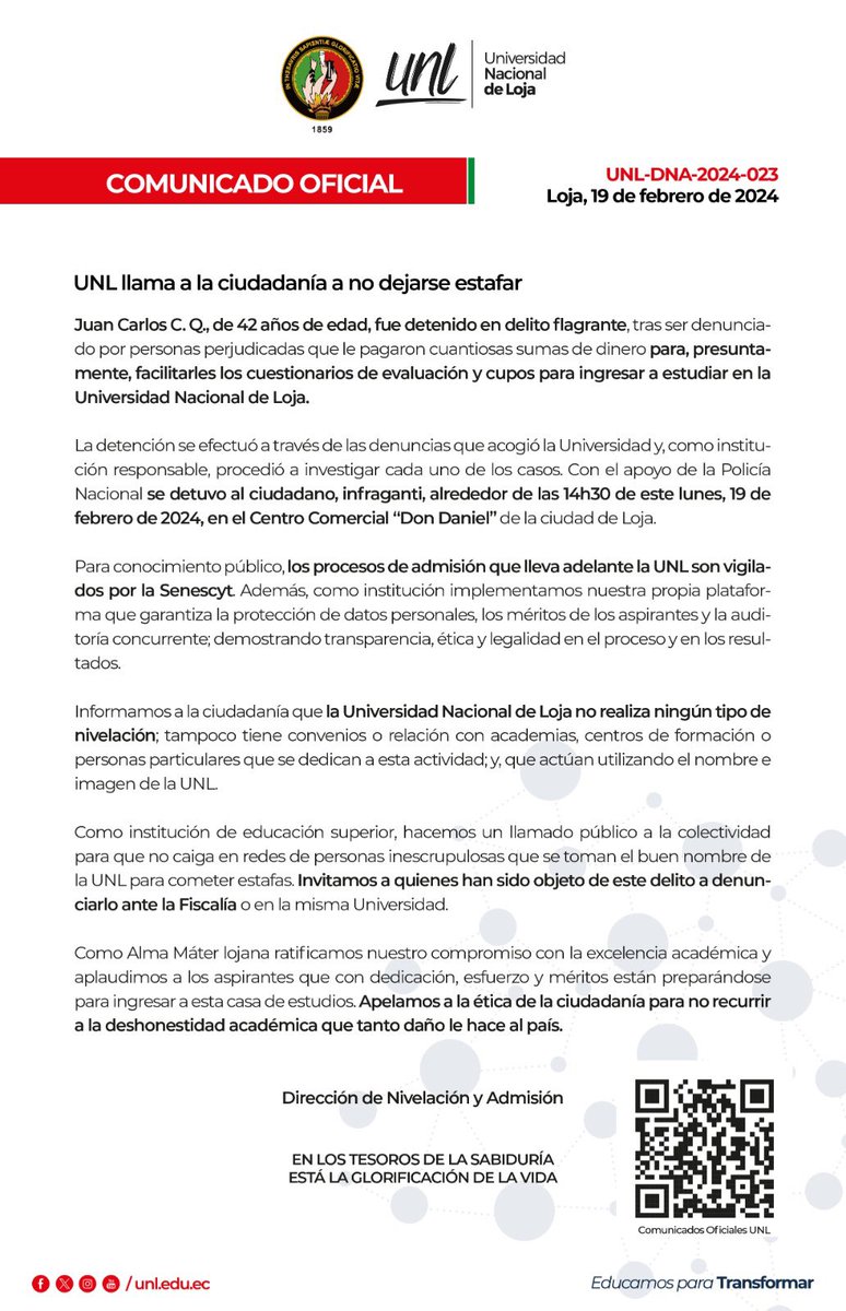 UNLoficial's tweet photo. 🔴 Atención | #AdmisiónUNL 🔴 

📌 Informamos a la ciudadanía que la Universidad Nacional de Loja no realiza ningún tipo de nivelación; tampoco tiene convenios o relación con academias, centros de formación o personas particulares que se dedican a esta actividad. https://t.co/YVXor2xvs1