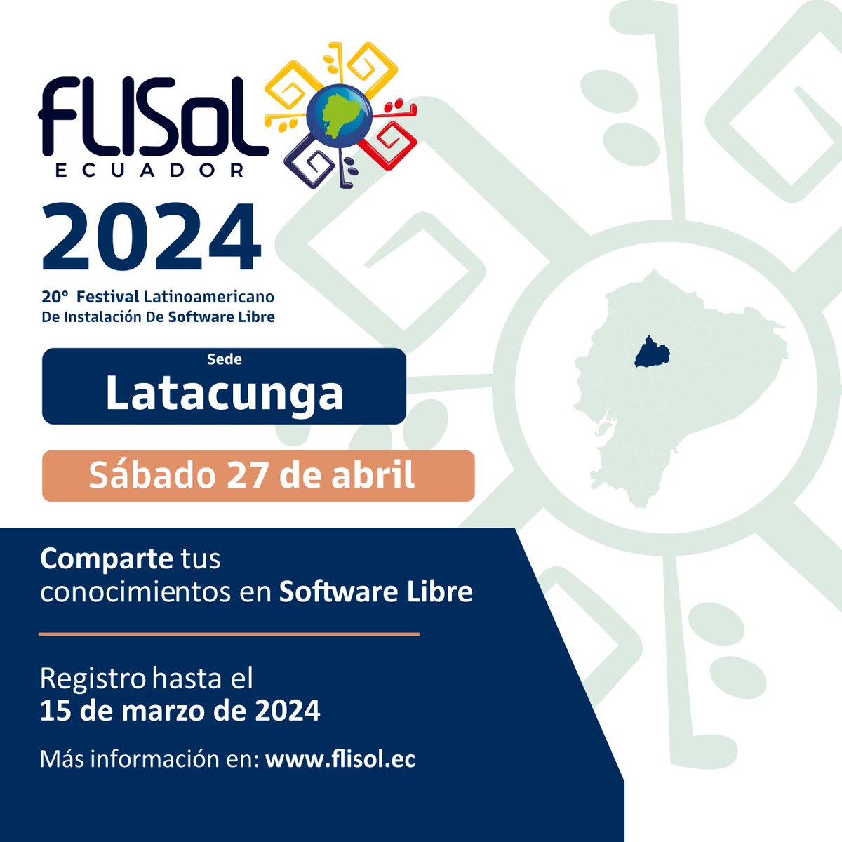 ¡Latacunga se une al FLISoL 2024! 🚀

Se parte de la 20ª edición del Festival Latinoamericano de Instalación de #SoftwareLibre el sábado 27 de abril

Descubre el mundo del software libre y únete a nuestra comunidad tecnológica.

Info👉 flisol.ec

#Flisol2024Ecuador