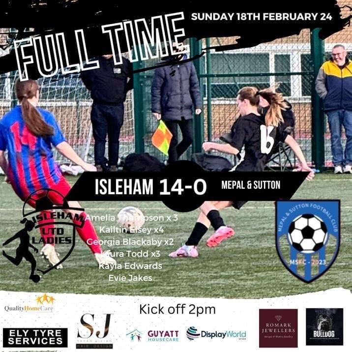 Another 3 points to remain top of the table after a 14-0 win against Mepal.

Amelia Thompson ⚽️⚽️⚽️
Kaitlin Elsey ⚽️⚽️⚽️⚽️
Georgia Blackaby ⚽️⚽️
Laura Todd ⚽️⚽️⚽️
Kayla Edwards ⚽️
Evie Jakes ⚽️