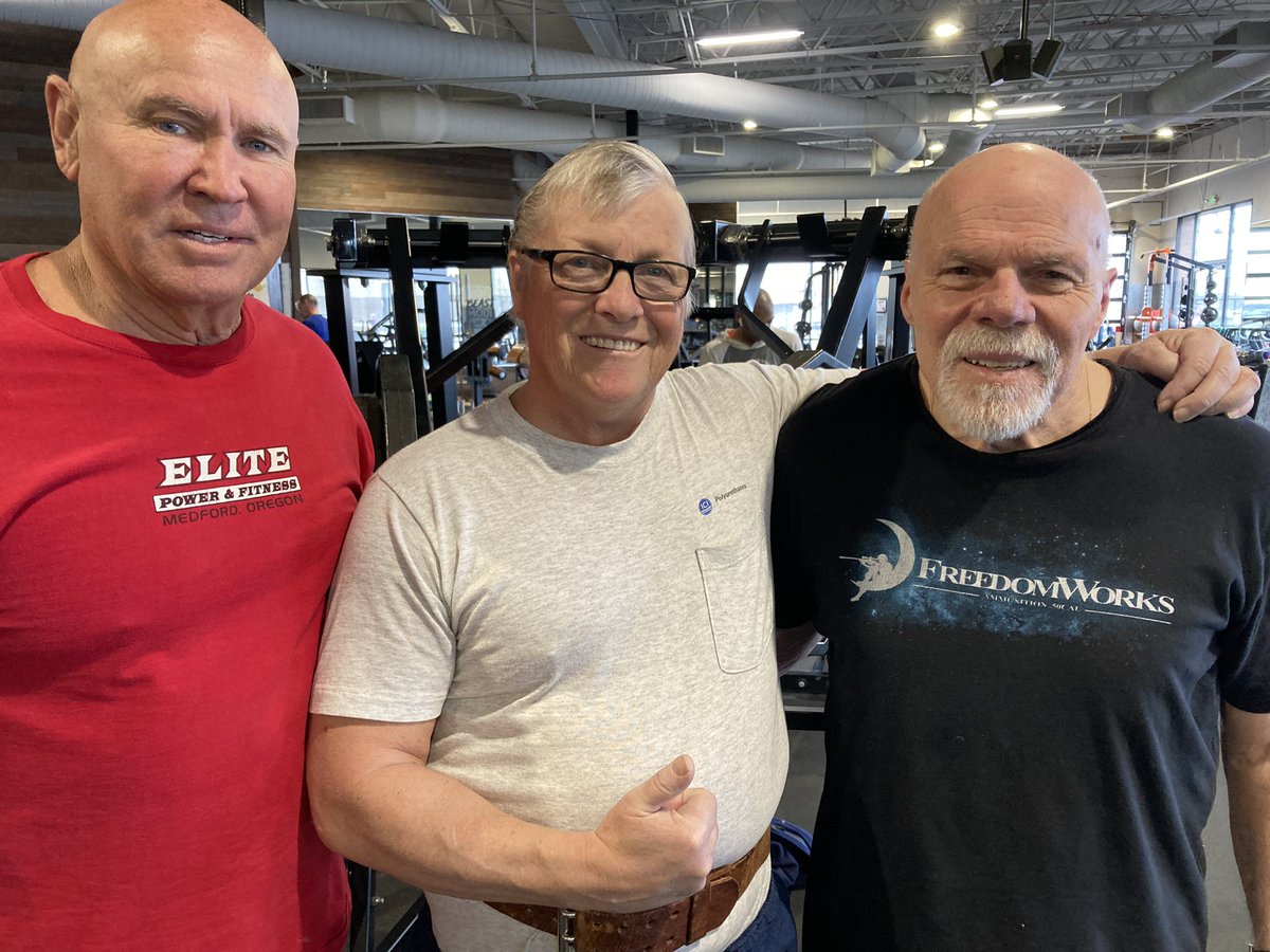 StrahanGlenn's tweet photo. I’m the youngest at 67, upper body workout with my friends, Bill, Rick, and Rich. #Fitness #SilverFit #BenchPress #OverheadPress #Rows https://t.co/JZosY5v92W