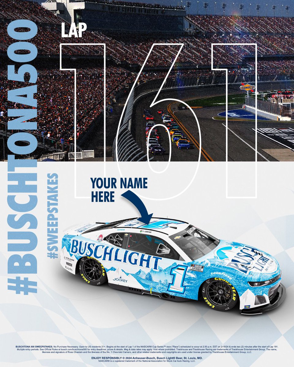 Busch Beer (@buschbeer) on Twitter photo The only thing the No. 1 Busch Light car is missing is YOUR NAME.
Reply with #Buschtona500 #Sweepstakes RIGHT NOW for a chance to have your name featured on <a href="/RossChastain/">Ross Chastain</a>'s car! #Daytona500 The only thing the No. 1 Busch Light car is missing is YOUR NAME.
Reply with #Buschtona500 #Sweepstakes RIGHT NOW for a chance to have your name featured on <a href="/RossChastain/">Ross Chastain</a>'s car! #Daytona500