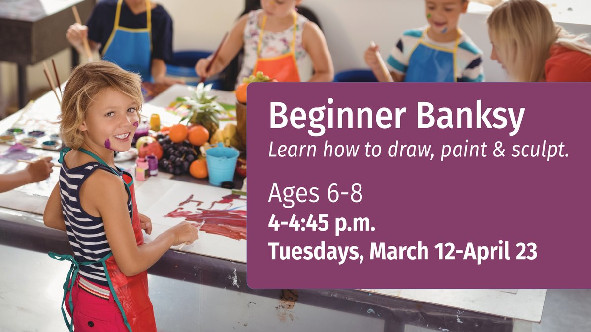 BvilleParks's tweet photo. Unleash your inner artist! π¨ Beginner Banksy for ages 6-8 begins March 12! Students will learn new skills each week including sketching, painting and more! Register by March 5 at the DGLC or call 630-766-7015! #bville #painting #artclasses #kids #kidprograms #art https://t.co/h3ClB0CsvT