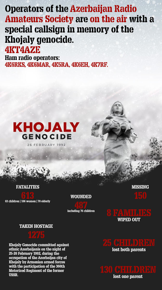 It will be held between 22-28 February with a special call sign in memory of the victims of the Khojaly Massacre.
 22-28 fevral tarixləri arasında Xocalı soyqırımı qurbanlarının xatirəsinə xüsusi çağırış siqnalı.#hamradio #amateurradio #radioamateur #radioheveskar